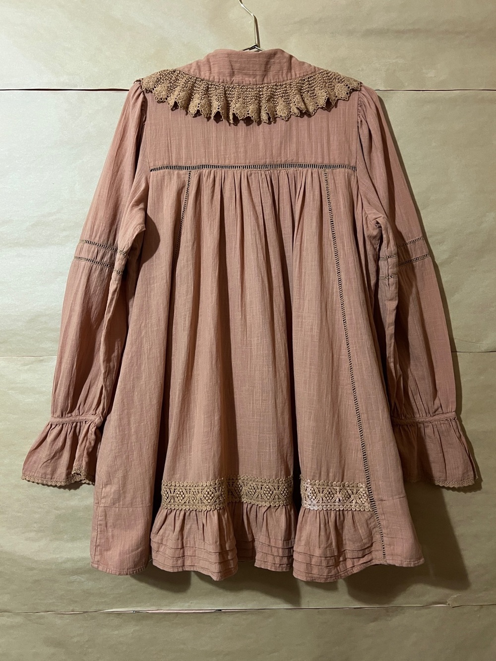 Free People | 5 O'Clock Tea Time Mini Dress Tie Neck Lace Ruffle Babydoll Size S - Picture 9 of 14